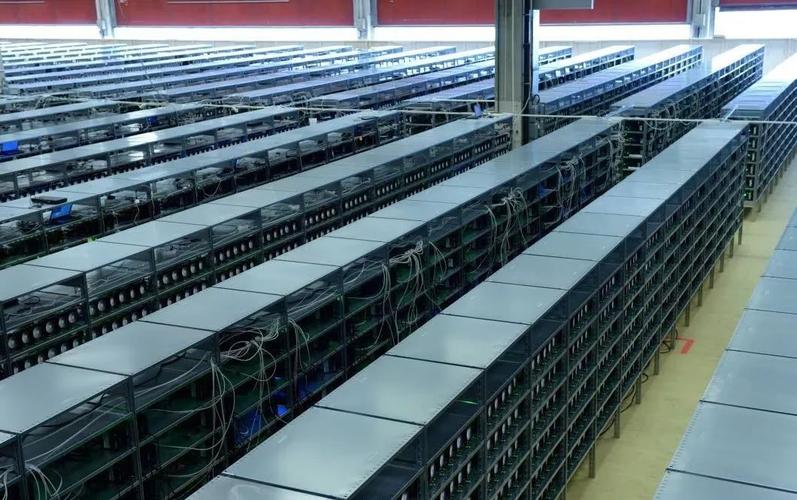 An expansive cryptocurrency mining farm showcasing rows of mining machines